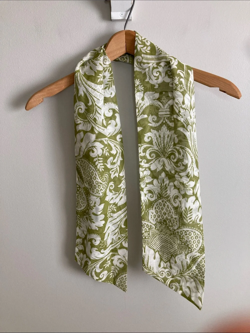 Olive Green and White Printed Scarf, Neck Scarf, Belt, Handbag or Hair Accessory